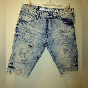 GRINDHOUSE Denim Shorts Mens 34 Acid Wash Distressed Trashed Grunge Street 13.5"